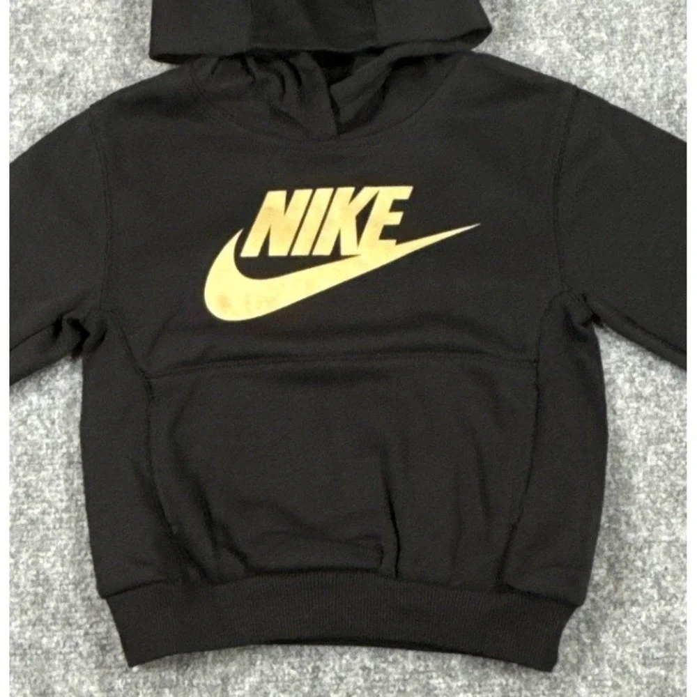 Nike Kids XS 3-4Yrs Sportswear Club Fleece Hoodie Black Metallic Gold Logo NWT